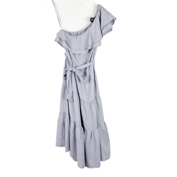 NWT Nicole Miller Linen Blend One Shoulder Ruffle Chambray Midi Dress Size XS - Picture 2 of 12